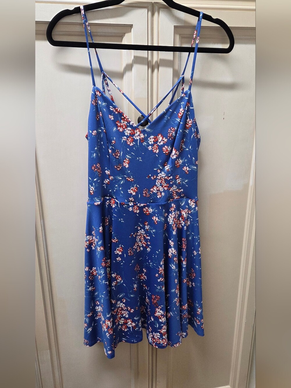 Fortune & Ivy Blue Floral Spaghetti-Strap Mini Skater Dress with Crisscross Back